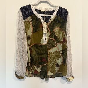 Mystree Olive and Black Patchwork Sheet Blouse. New With Tags. Size Large